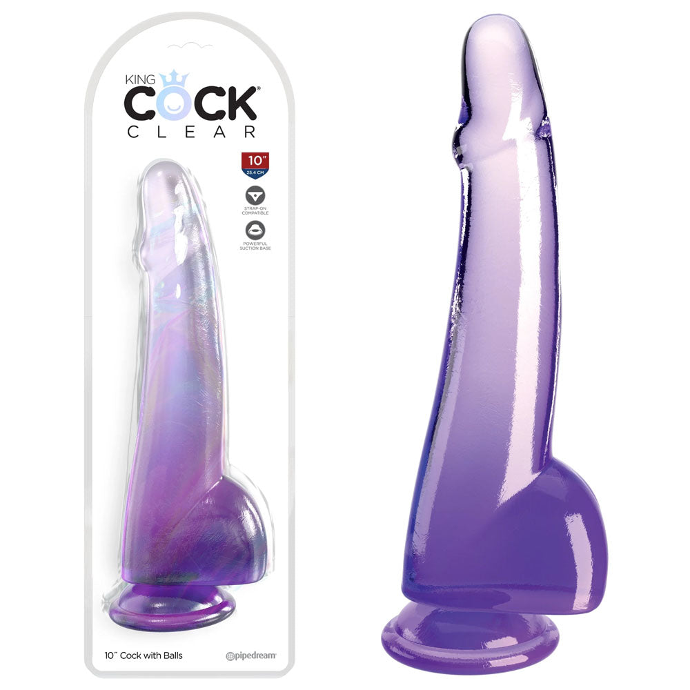 King Cock Clear 10'' Cock with Balls - Purple - Purple 25 cm Dong - Naughty by Nature Adult Store