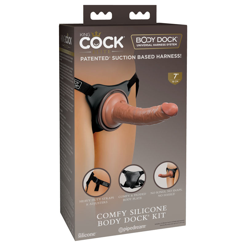 King Cock Elite Comfy Silicone Body Dock Kit - Body Dock Strap-On Harness with Tan 17.8 cm Dong - Naughty by Nature Adult Store