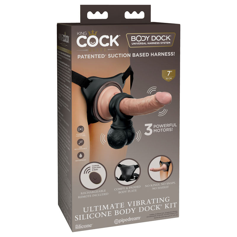 King Cock Elite Ultimate Vibrating Silicone Body Dock Kit - Body Dock Strap-On Harness with 17.8 cm Vibrating Dong & Vibrating Balls - Naughty by Nature Adult Store