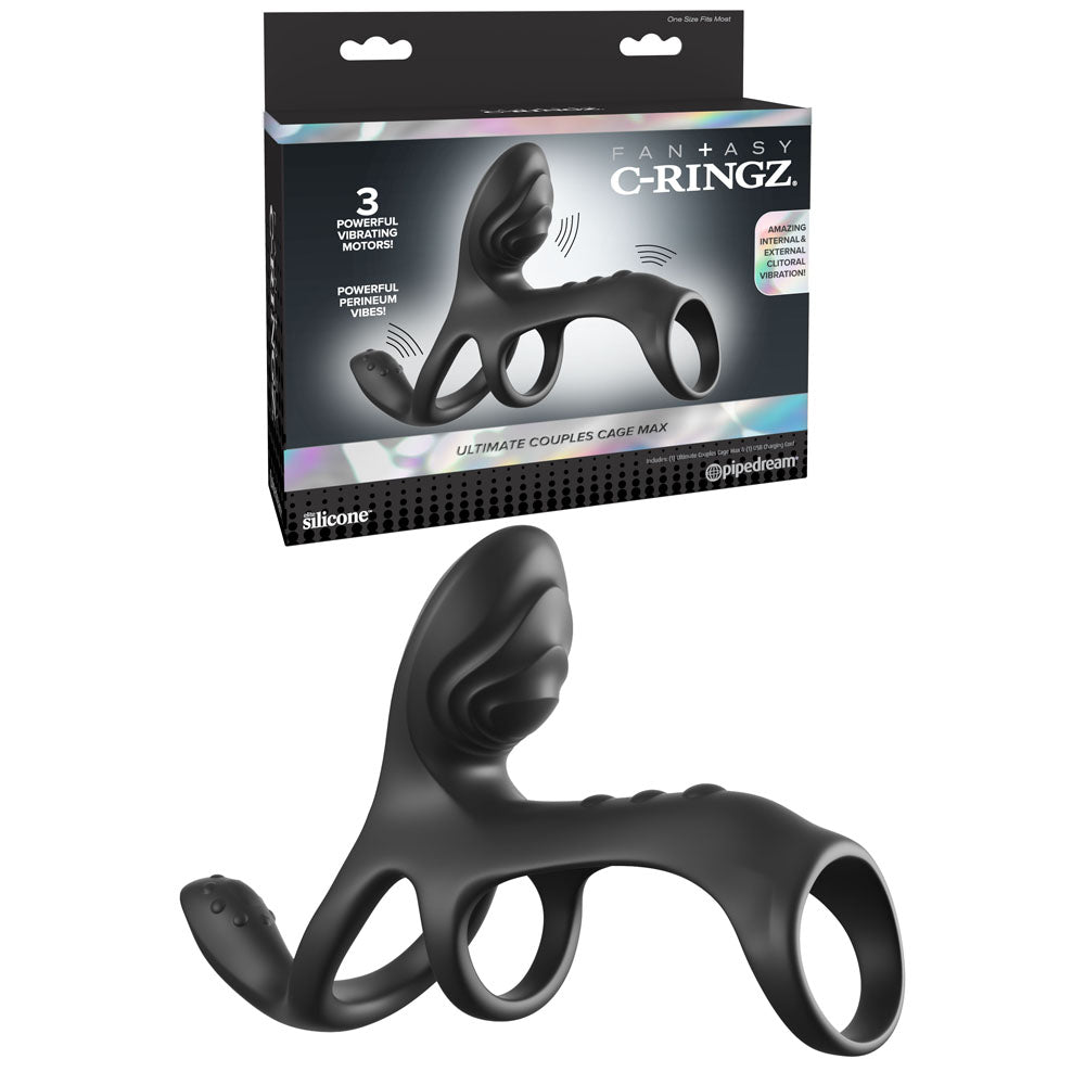Fantasy C Ringz Ultimate Couples Cage Max Black USB Rechargeable Vibrating Cock Ring Cage