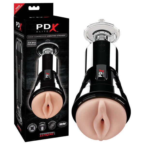 PDX Elite Cock Compressor Vibrating Stroker - Flesh USB Rechargeable Vibrating Pussy Stroker with Suction Base - Naughty by Nature Adult Store