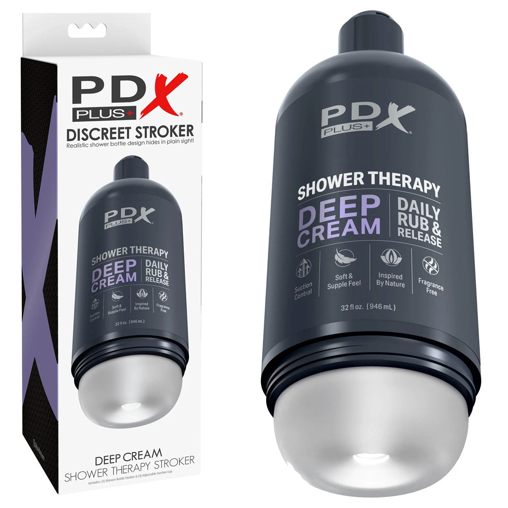 PDX Plus Shower Therapy - Deep Cream - Frosted - Clear Discreet Stroker with Suction Base - Naughty by Nature Adult Store
