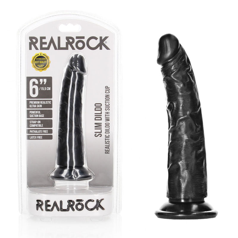 REALROCK Realistic Slim Dildo without Balls - 15.5 cm - Black 15.5 cm (6'') Dong - Naughty by Nature Adult Store