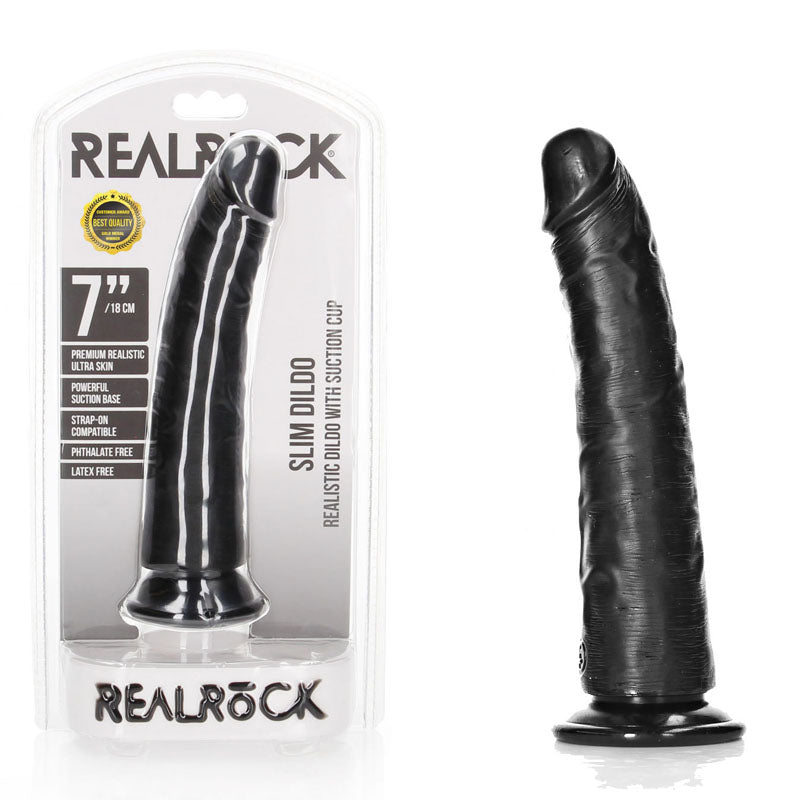 REALROCK Realistic Slim Dildo with Suction Cup - 18cm - Black 18 cm (7'') Dong - Naughty by Nature Adult Store