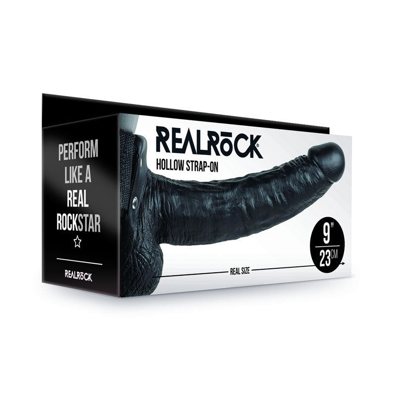 REALROCK Hollow Strapon with Balls - 23 cm Black - Black 23 cm Hollow Strap-On - Naughty by Nature Adult Store