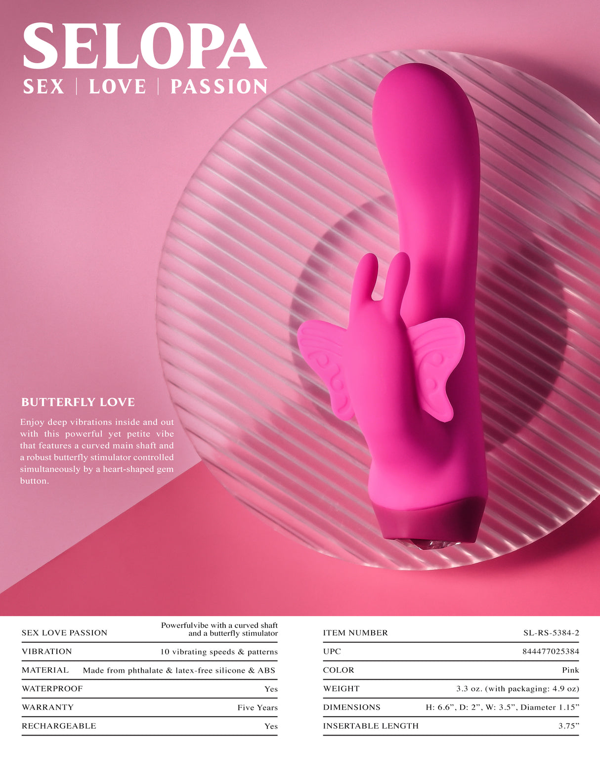 Selopa BUTTERFLY LOVE - Pink 13.8 cm USB Rechargeable Butterfly Vibrator