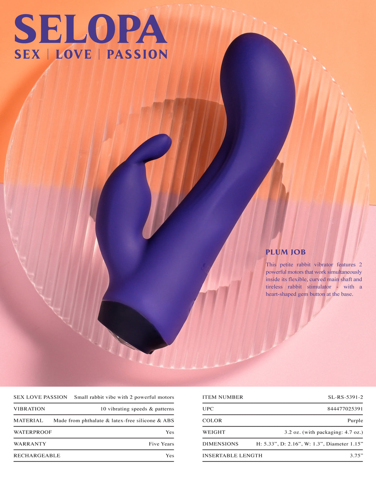 Selopa PLUM JOB - Purple 13.5 cm USB Rechargeable Rabbit Vibrator - Naughty by Nature Adult Store
