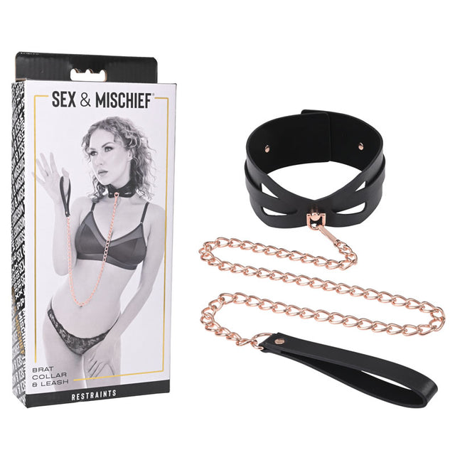 Sex & Mischief Brat Collar & Leash - Rose Gold/Black Restraint - Naughty by Nature Adult Store