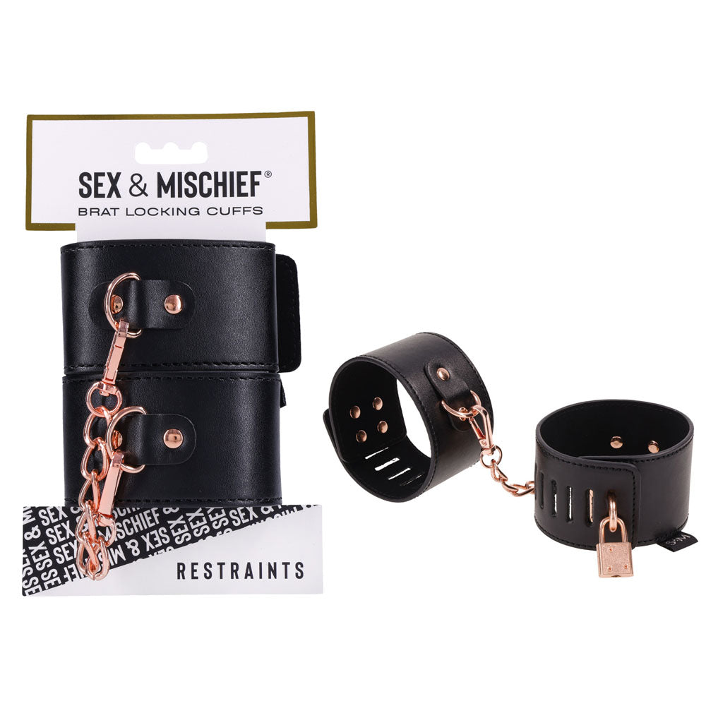Sex & Mischief Brat Locking Cuffs - Black/Rose Gold Hand Cuffs - Naughty by Nature Adult Store