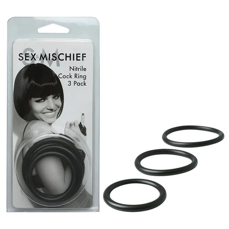 Sex & Mischief Nitrile Cock Ring 3 Pack - Black Cock Rings - Set of 3 Sizes - Naughty by Nature Adult Store