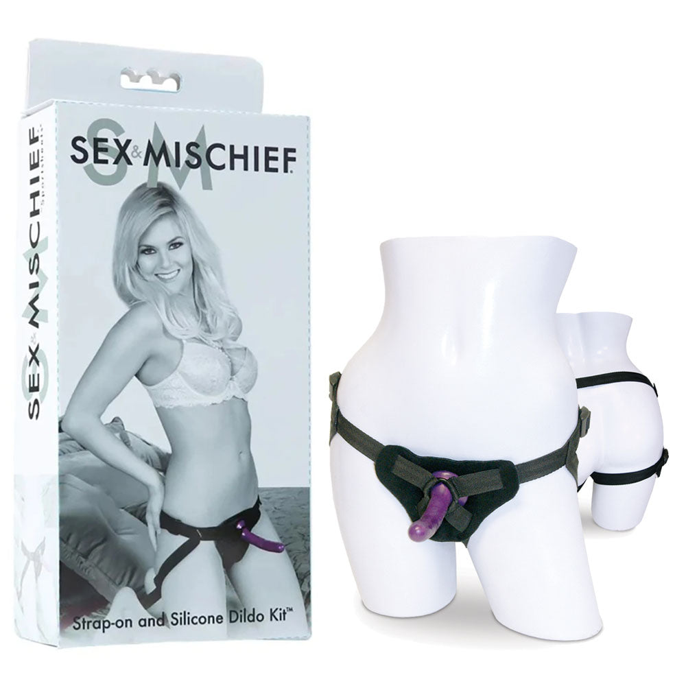 Sex & Mischief Strap-On & Silicone Dildo Kit - Black/Purple Adjustable Strap-On - Naughty by Nature Adult Store