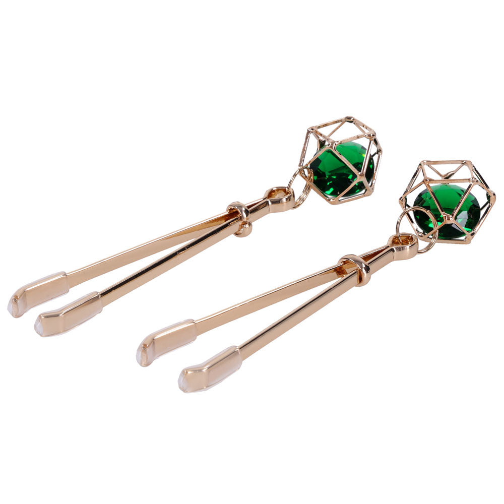 Sex And Mischief Indica Crystal Nipple Clips Gold With Emerald Gems