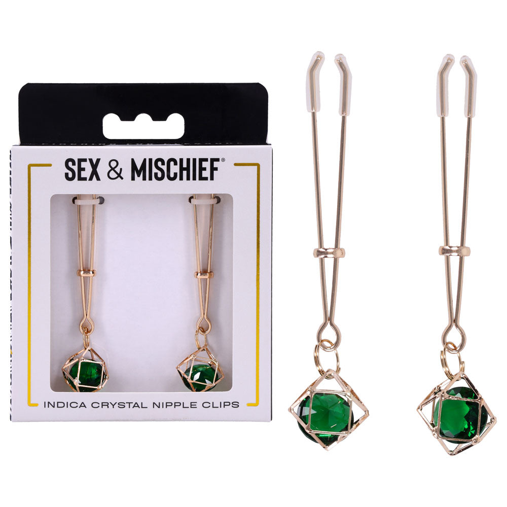 Sex And Mischief Indica Crystal Nipple Clips Gold With Emerald Gems