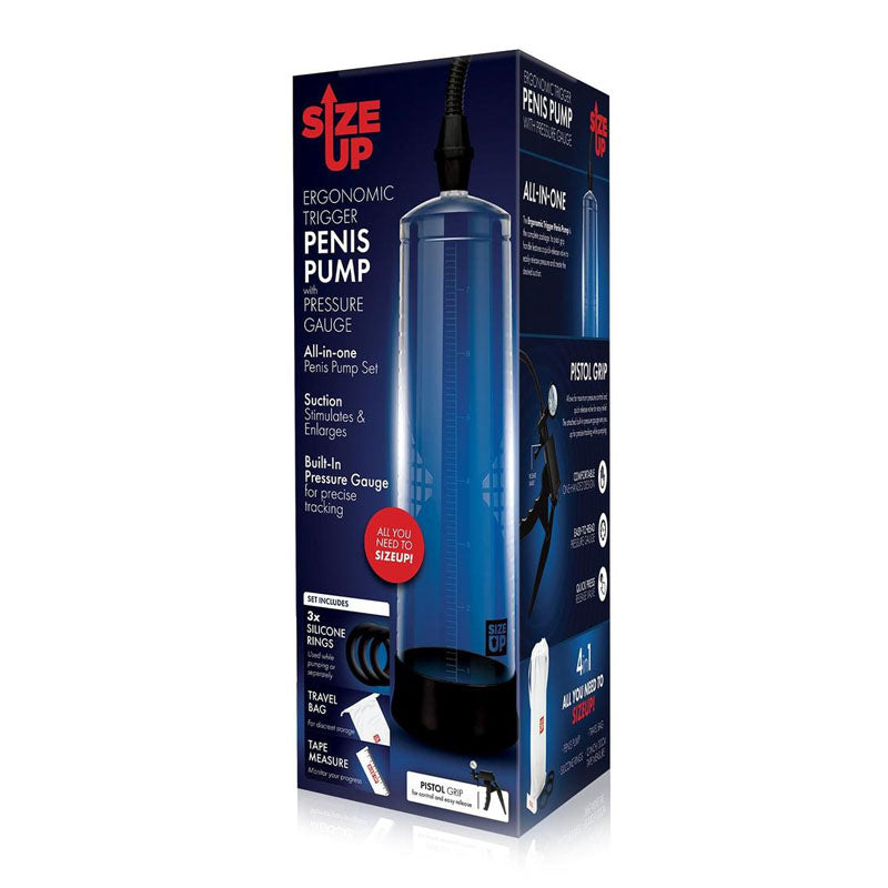 Size Up Ergonomic Trigger Penis Pump with Pressure Gauge - Clear Penis Pump - Naughty by Nature Adult Store
