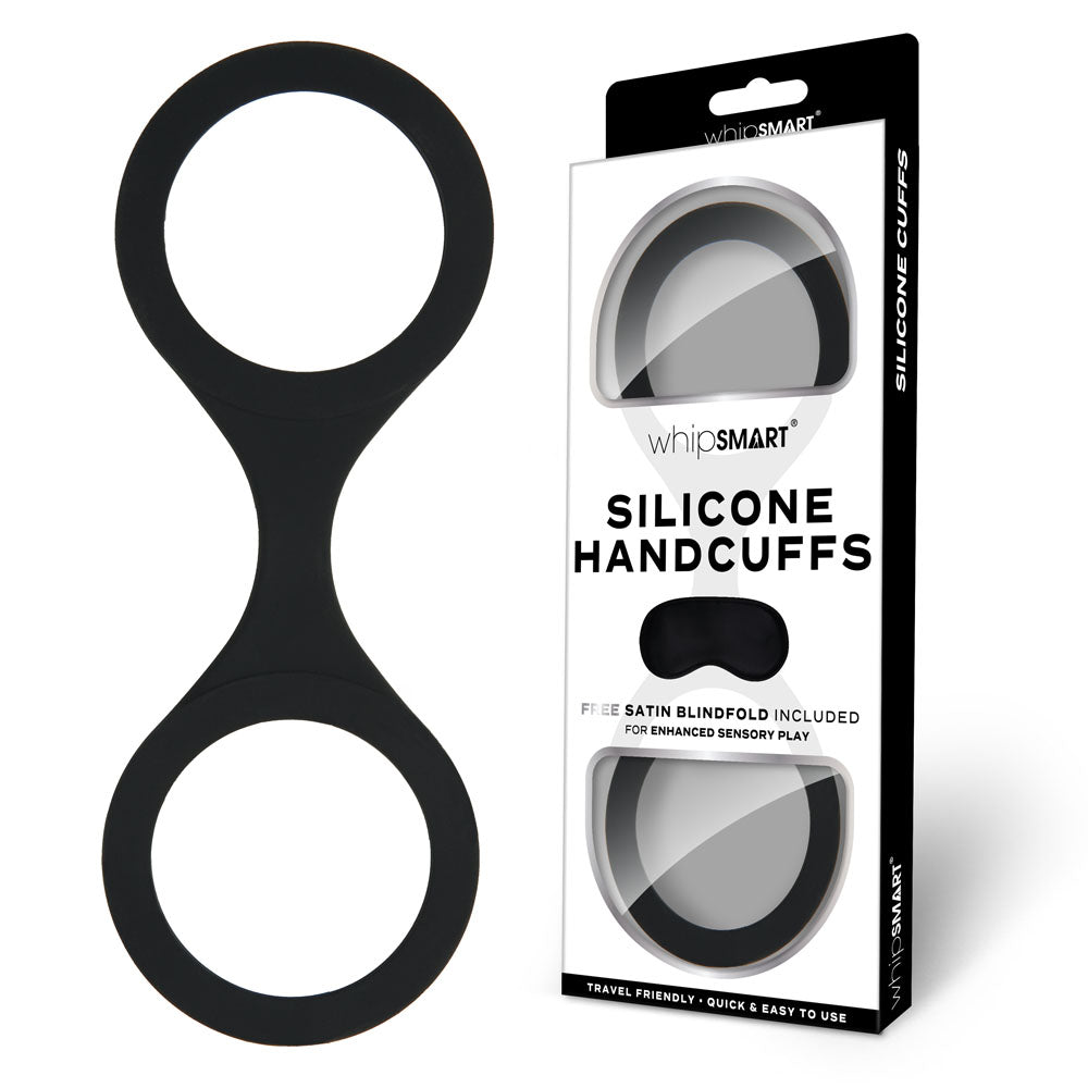 WhipSmart Silicone Handcuffs - Black - Black Restraint with Bonus Blindfold - Naughty by Nature Adult Store