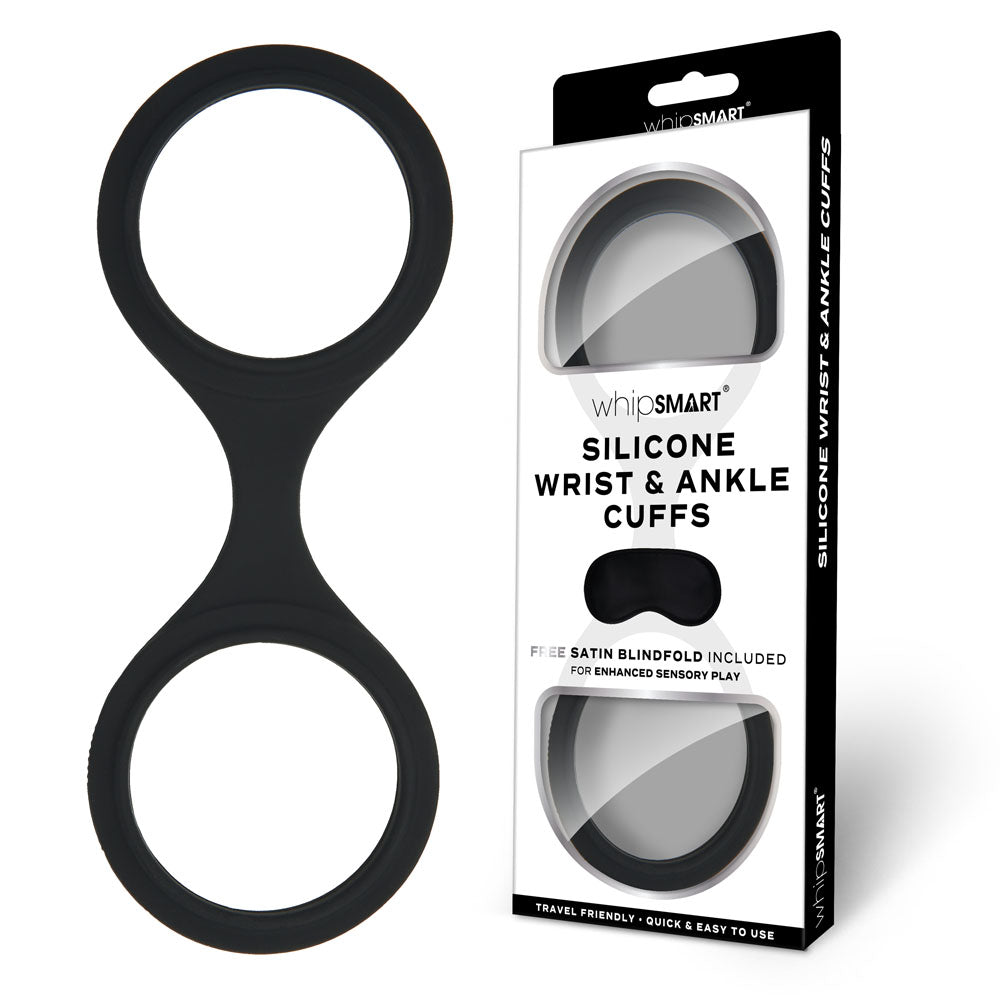 WhipSmart Silicone Wrist & Ankle Cuffs - Black - Black Restraints with Bonus Eye Mask - Naughty by Nature Adult Store