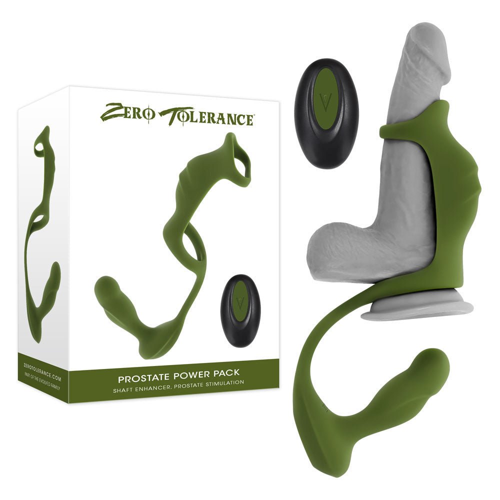 Zero Tolerance Prostate Power Pack featuring a green silicone massager, cock ring, and remote.