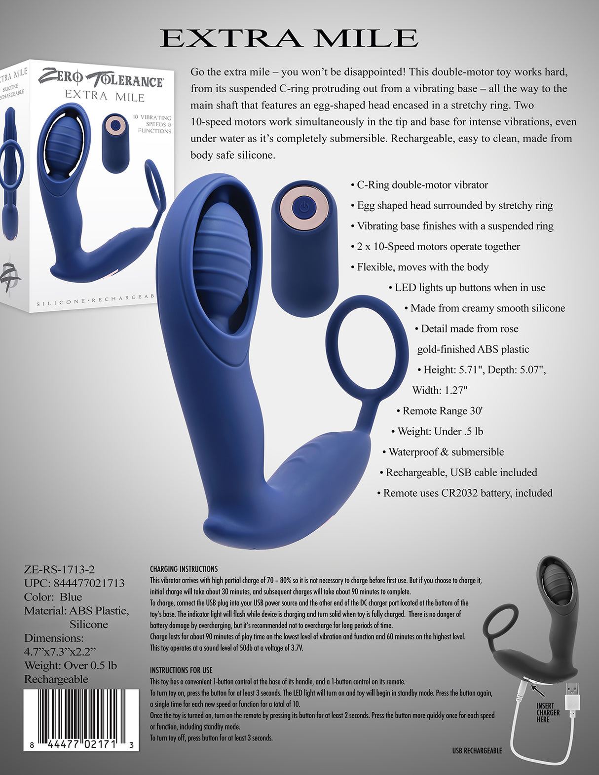 Zero Tolerance EXTRA MILE - Blue USB Rechargeable Vibrating Prostate Massager - Naughty by Nature Adult Store