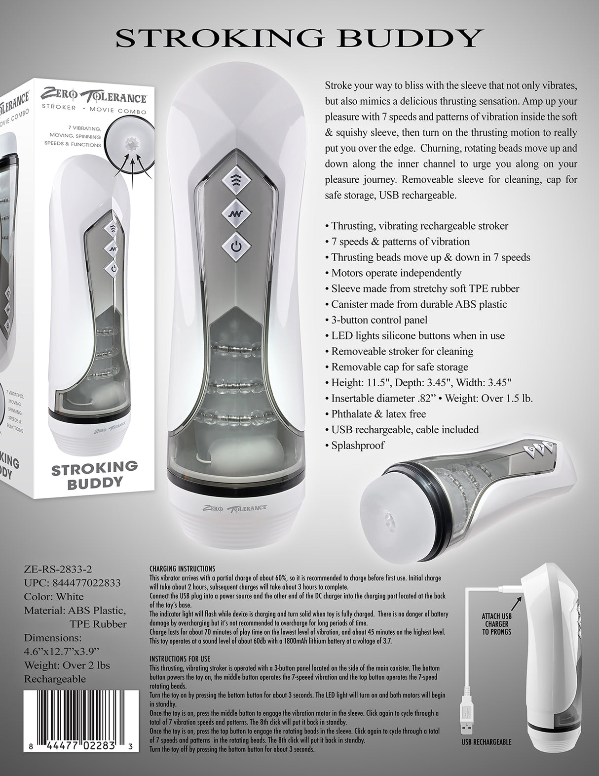 Zero Tolerance STROKING BUDDY - White USB Rechargeable Vibrating & Thrusting Stroker - Naughty by Nature Adult Store