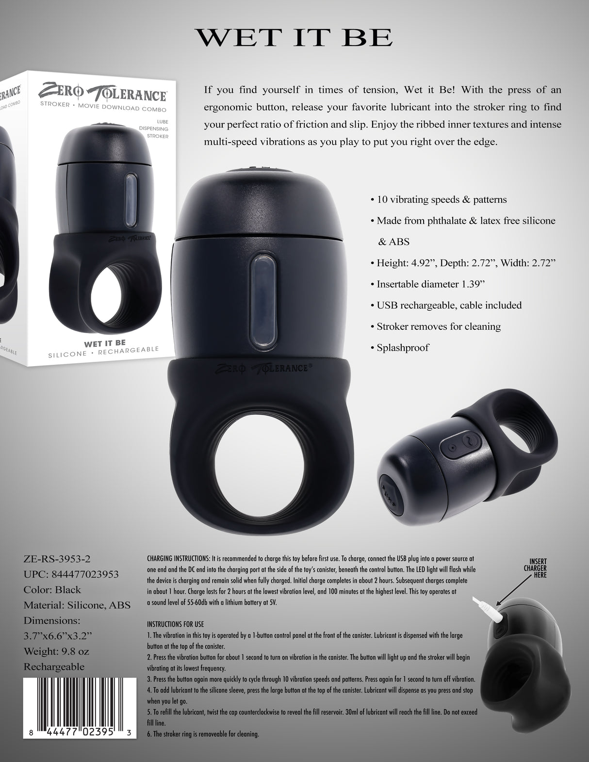 Zero Tolerance WET IT BE - Black USB Rechargeable Vibrating and Self Lubricating Stroker - Naughty by Nature Adult Store