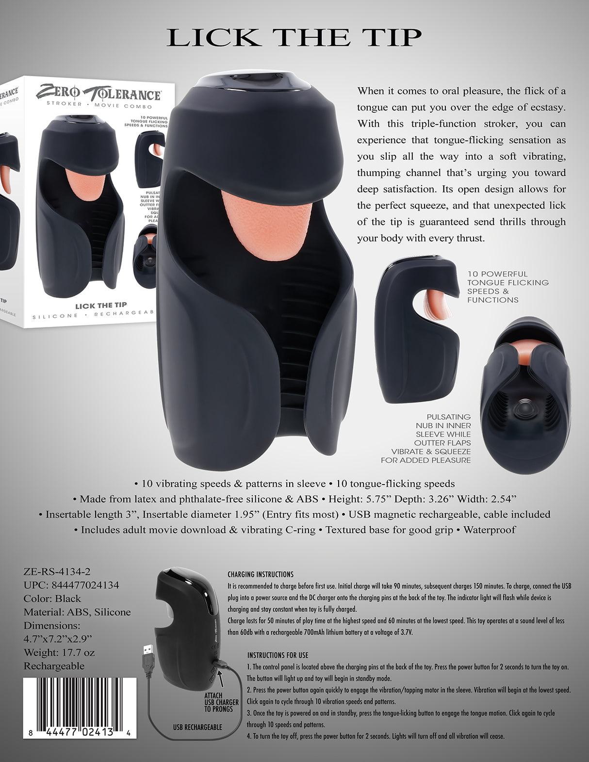 Zero Tolerance LICK THE TIP - Black USB Rechargeable Vibrating & Flicking Masturbator - Naughty by Nature Adult Store