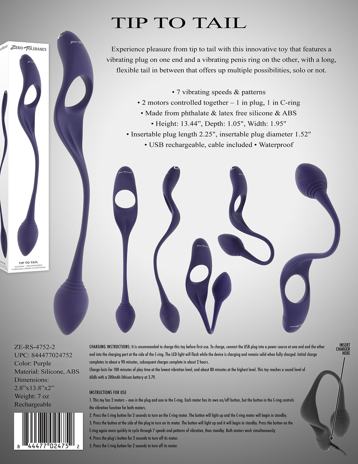 Zero Tolerance TIP TO TAIL - Blue USB Rechargeable Vibrating Butt Plug with Vibrating Cock Ring - Naughty by Nature Adult Store