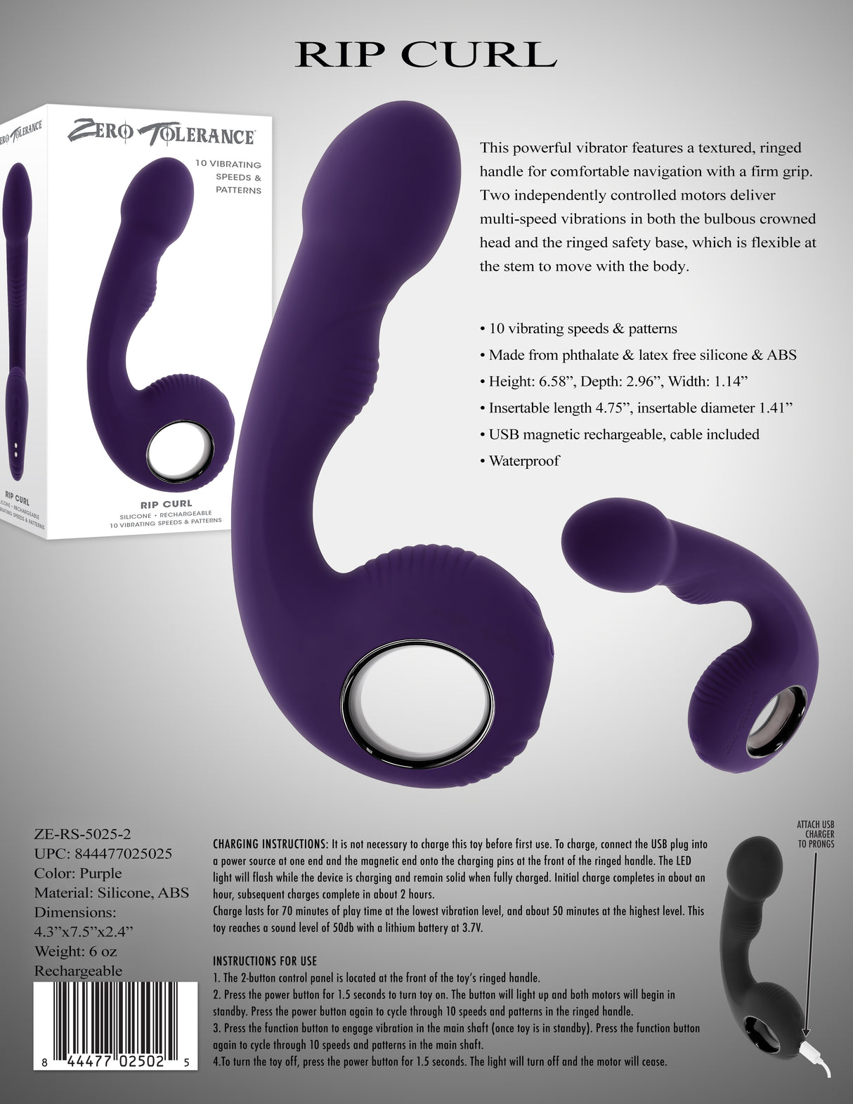 Zero Tolerance RIP CURL - Blue 16.7 cm USB Rechargeable Vibrator - Naughty by Nature Adult Store