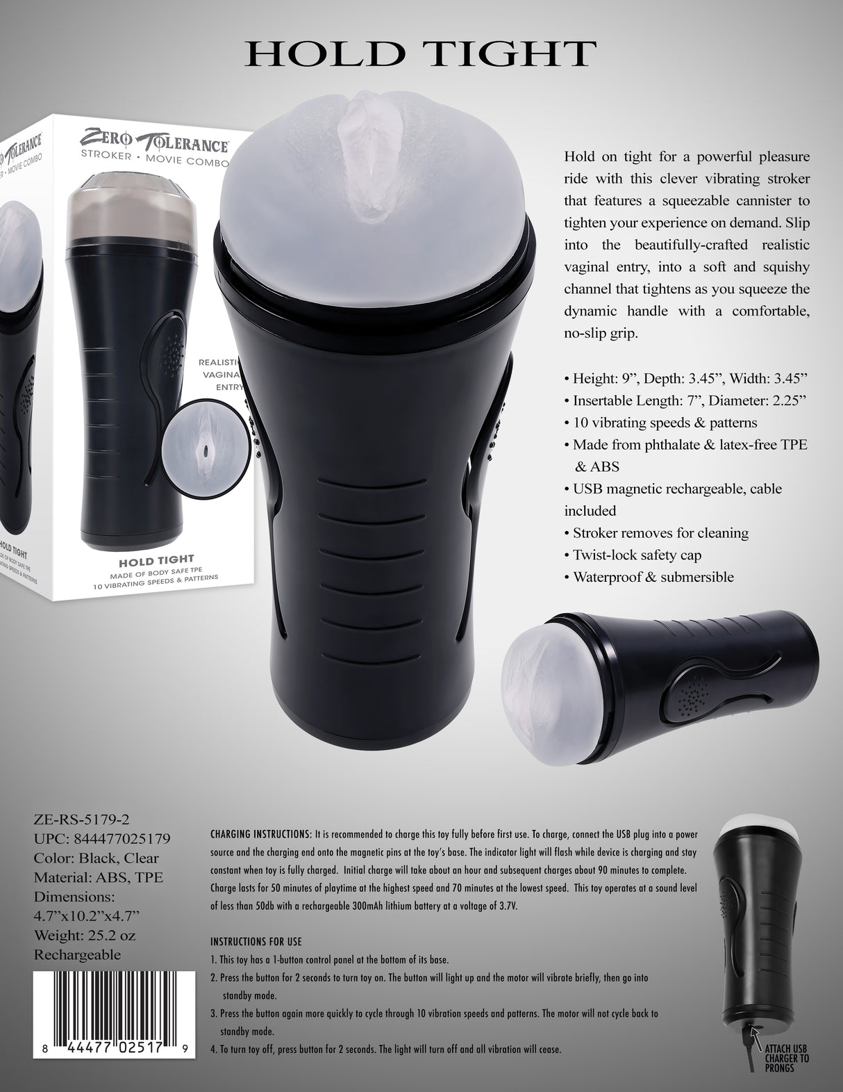 Zero Tolerance HOLD TIGHT - Clear USB Rechargeable Vibrating Vagina Stroker - Naughty by Nature Adult Store