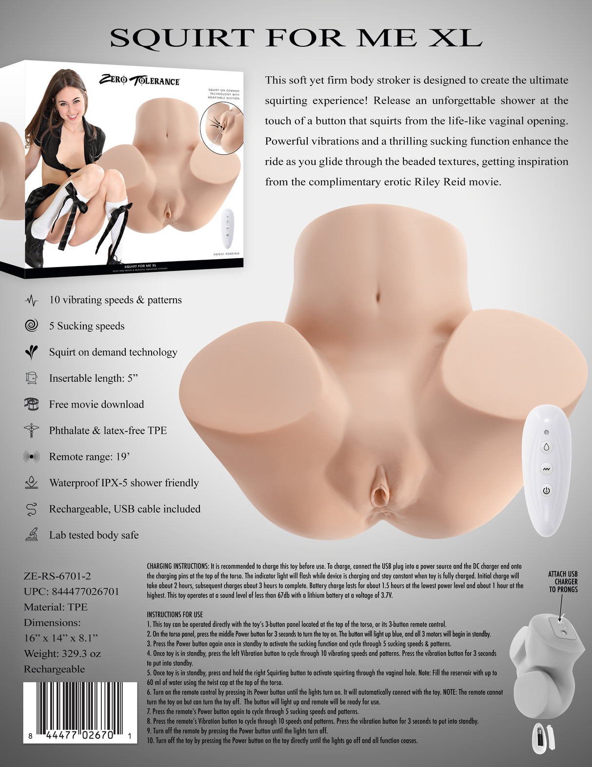 Zero Tolerance Squirting For Me XL Riley Reid Torso Rechargeable