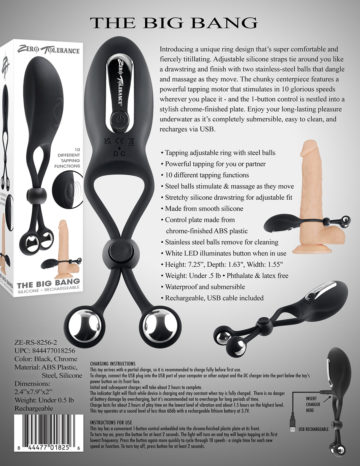 Zero Tolerance THE BIG BANG - Black USB Rechargeable Vibrating Lasso Cock Ring - Naughty by Nature Adult Store