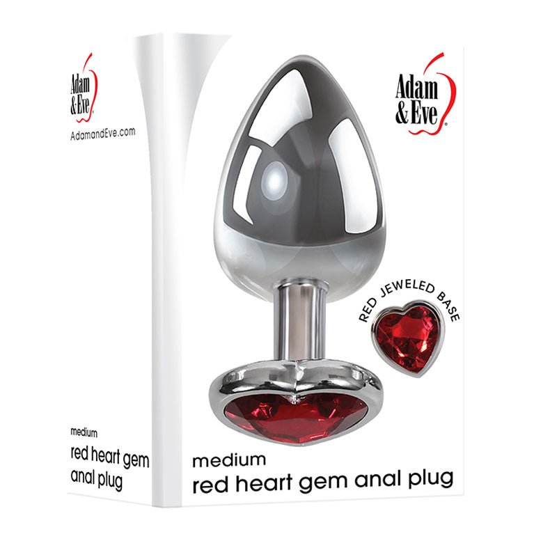 Adam & Eve Red Heart Gen Anal Plug - Medium - Metallic 8.25 cm Butt Plug with Heart Gem Base - ANAL TOYS