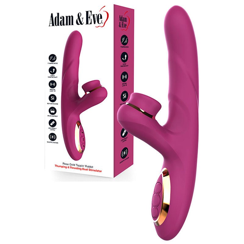 Adam & Eve ROSE GOLD TAPPIN RABBIT - Purple 22.5 cm USB Rechargeable Tapping & Thrusting Rabbit Vibrator - VIBRATORS