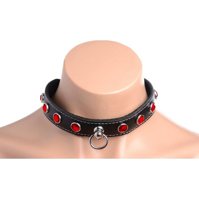 Bling Vixen Leather Choker w Red Rhinestones - Adult Toys