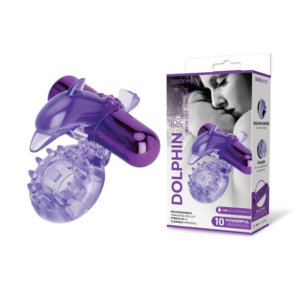 Bodywand Rechargeable Dolphin Ring with Clit Ticklers - Purple USB Rechargeable Vibrating Cock Ring - COCK RINGS