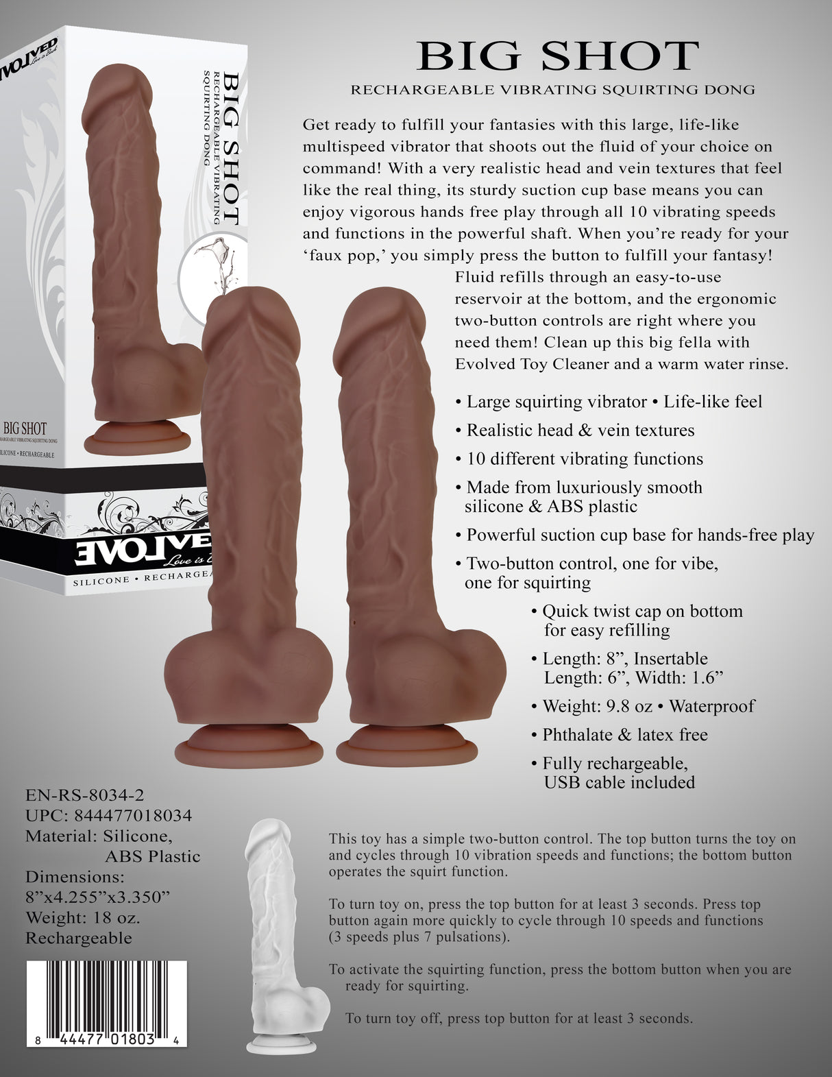 Evolved Big Shot - Brown - Brown 20.3 cm (8'') USB Rechargeable Squirting Dong - Naughty by Nature Adult Store