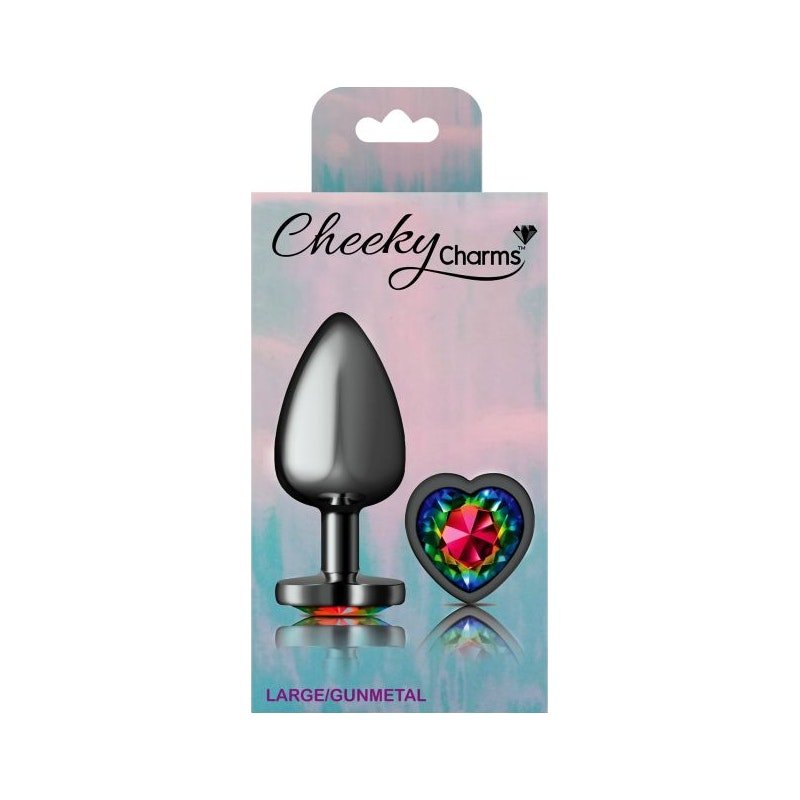 Cheeky Charms Gunmetal Butt Plug w Heart Rainbow Jewel Large - Adult Toys