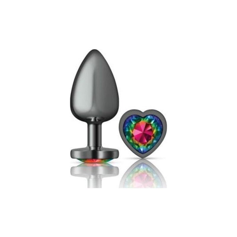 Cheeky Charms Gunmetal Butt Plug w Heart Rainbow Jewel Large - Adult Toys