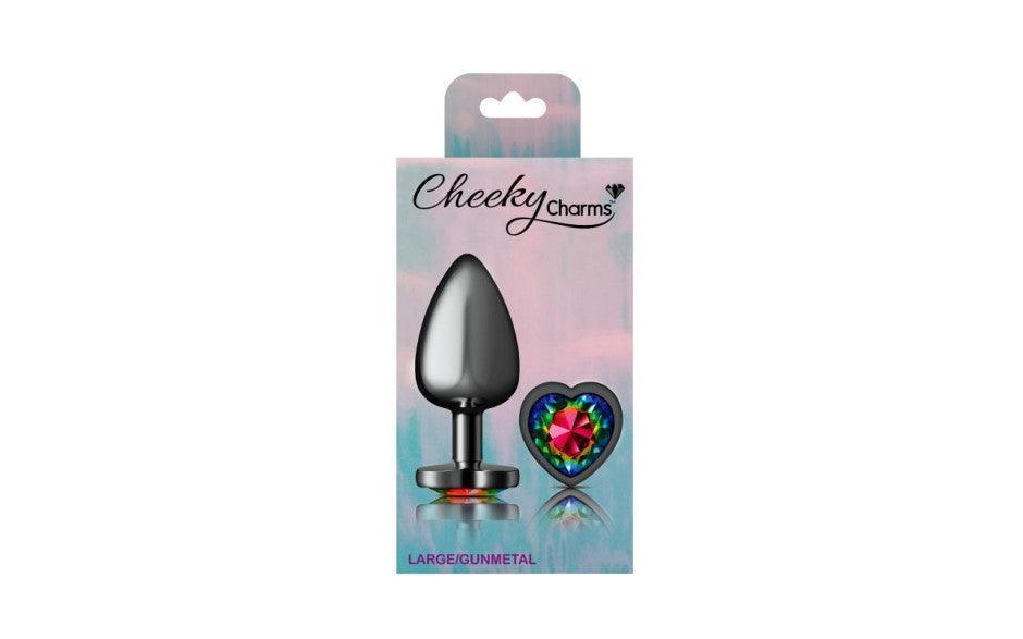 Cheeky Charms Gunmetal Butt Plug w Heart Rainbow Jewel Medium - Adult Toys