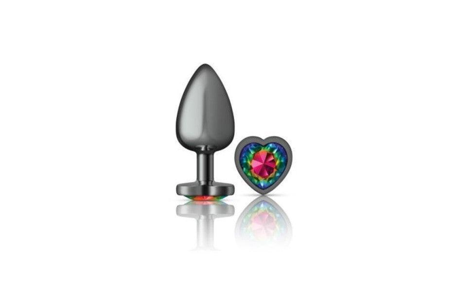 Cheeky Charms Gunmetal Butt Plug w Heart Rainbow Jewel Medium - Adult Toys