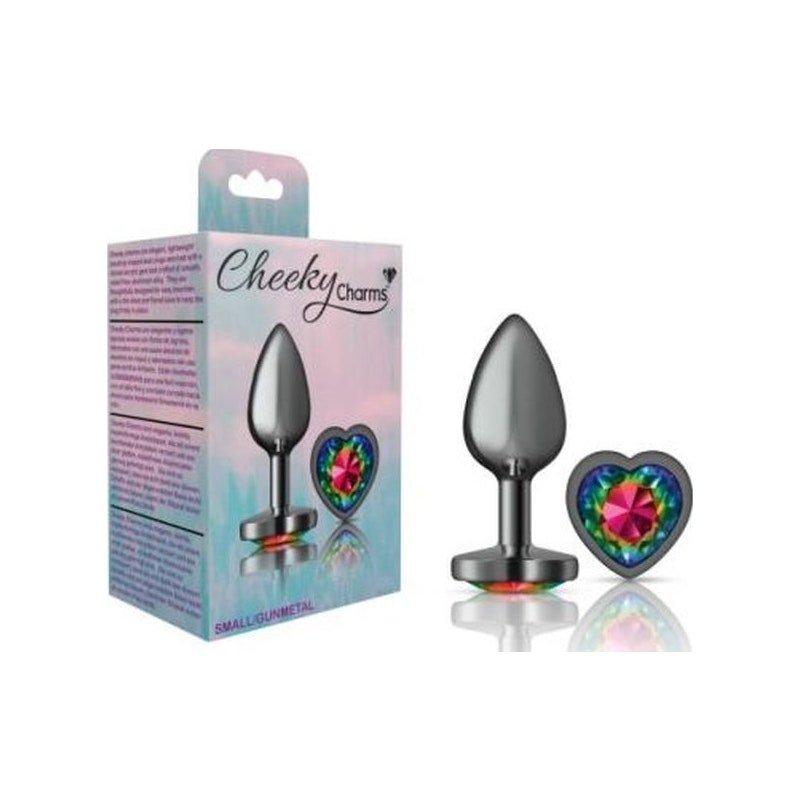 Cheeky Charms Gunmetal Butt Plug w Heart Rainbow Jewel Small - Adult Toys