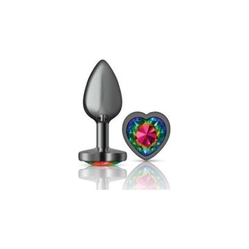 Cheeky Charms Gunmetal Butt Plug w Heart Rainbow Jewel Small - Adult Toys