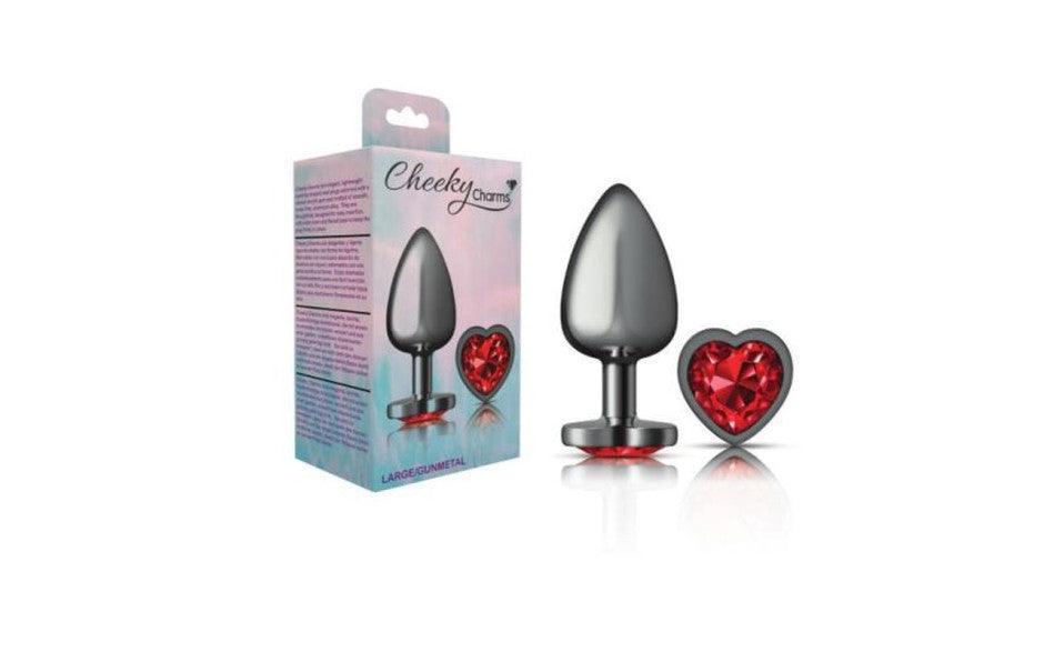 Cheeky Charms Gunmetal Butt Plug w Heart Red Jewel Large - Adult Toys