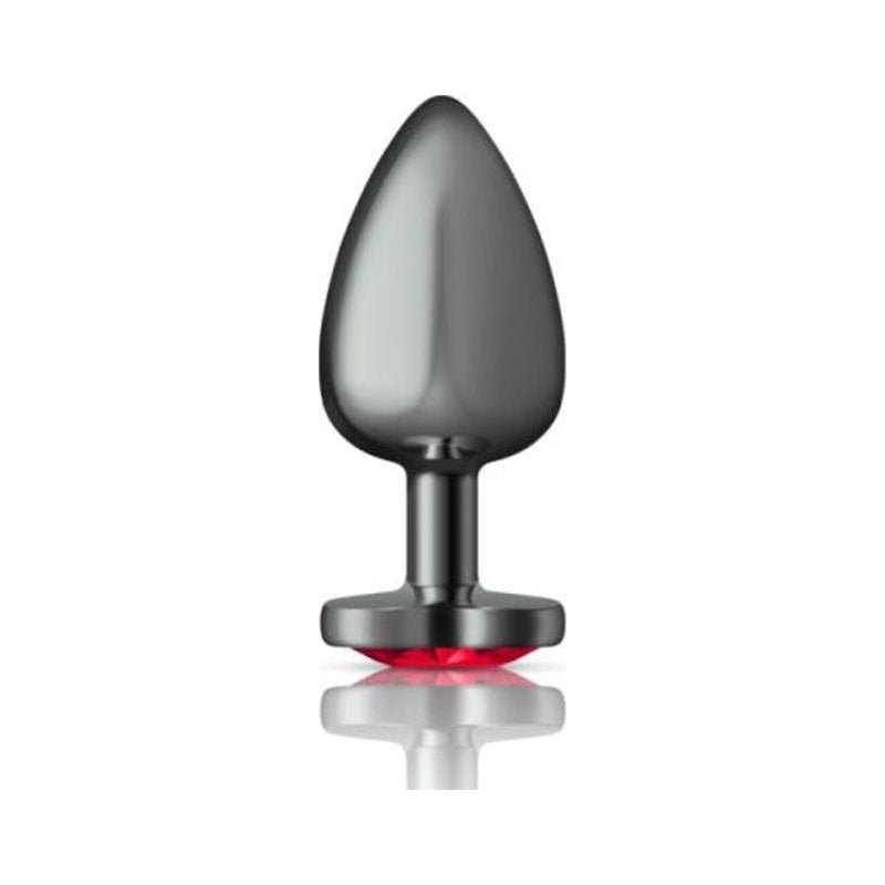 Cheeky Charms Gunmetal Butt Plug w Heart Red Jewel Large - Adult Toys