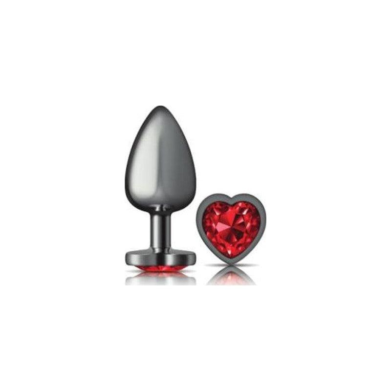 Cheeky Charms Gunmetal Butt Plug w Heart Red Jewel Large - Adult Toys