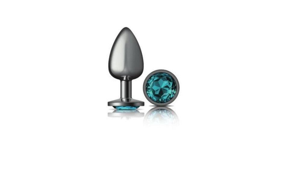 Cheeky Charms Gunmetal Round Butt Plug w Teal Jewel Large - Adult Toys