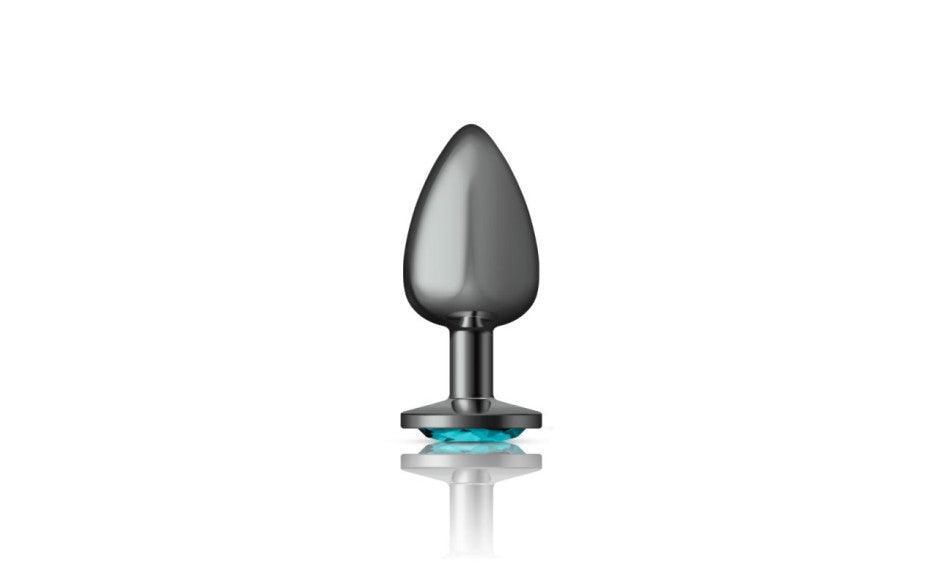 Cheeky Charms Gunmetal Round Butt Plug w Teal Jewel Large - Adult Toys