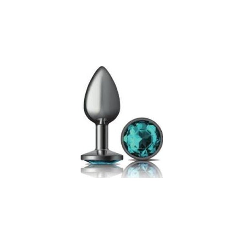 Cheeky Charms Gunmetal Round Butt Plug w Teal Jewel Small - Adult Toys