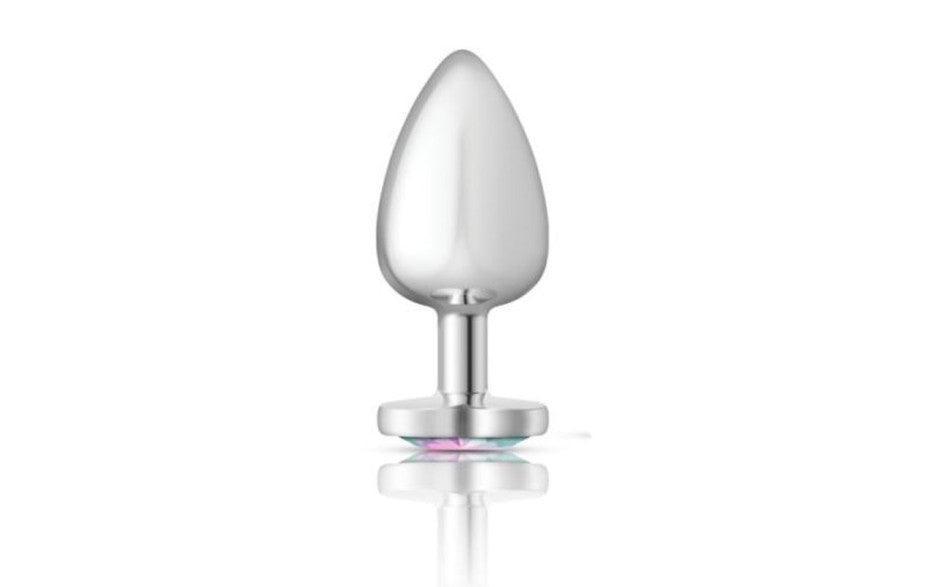 Cheeky Charms Silver Metal Butt Plug w Heart Clear Jewel Large - Adult Toys