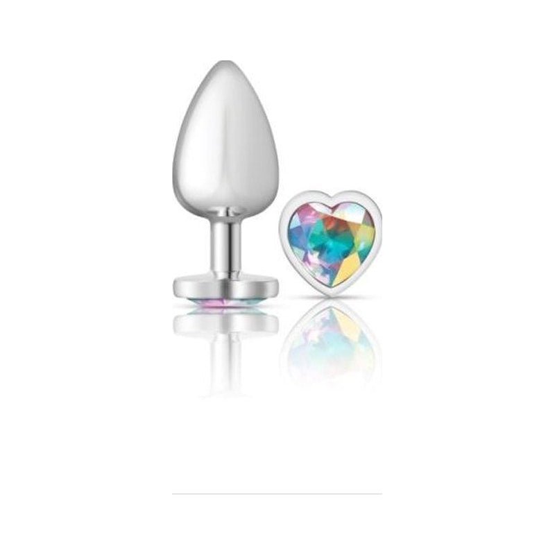 Cheeky Charms Silver Metal Butt Plug w Heart Clear Jewel Large - Adult Toys