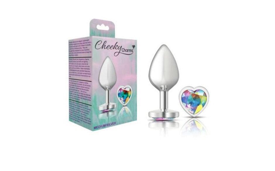Cheeky Charms Silver Metal Butt Plug w Heart Clear Jewel Medium - Adult Toys